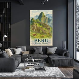Machu Picchu Vintage Travel Poster with Llamas