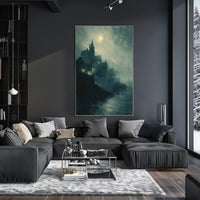Gothic Castle Overlooking Moonlit Cliff: Fantasy or Mythology Poster PosterGoat