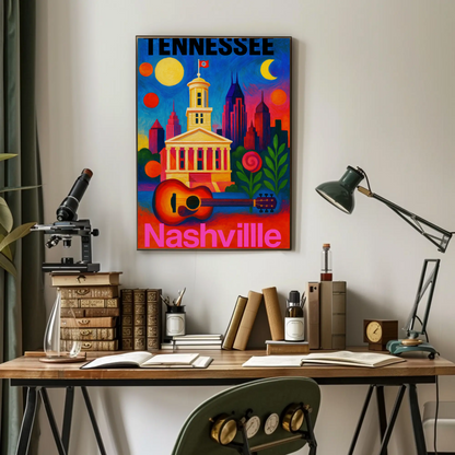 Tennessee Nashville Capitol Guitar Music City Vintage Travel Poster