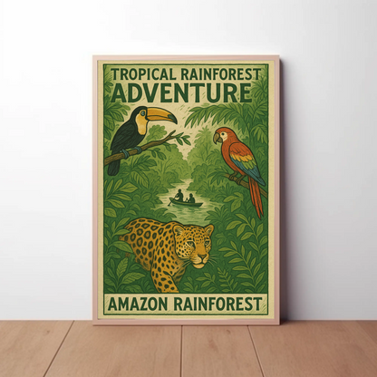 Amazon Rainforest Jaguar Parrots River Poster Poster