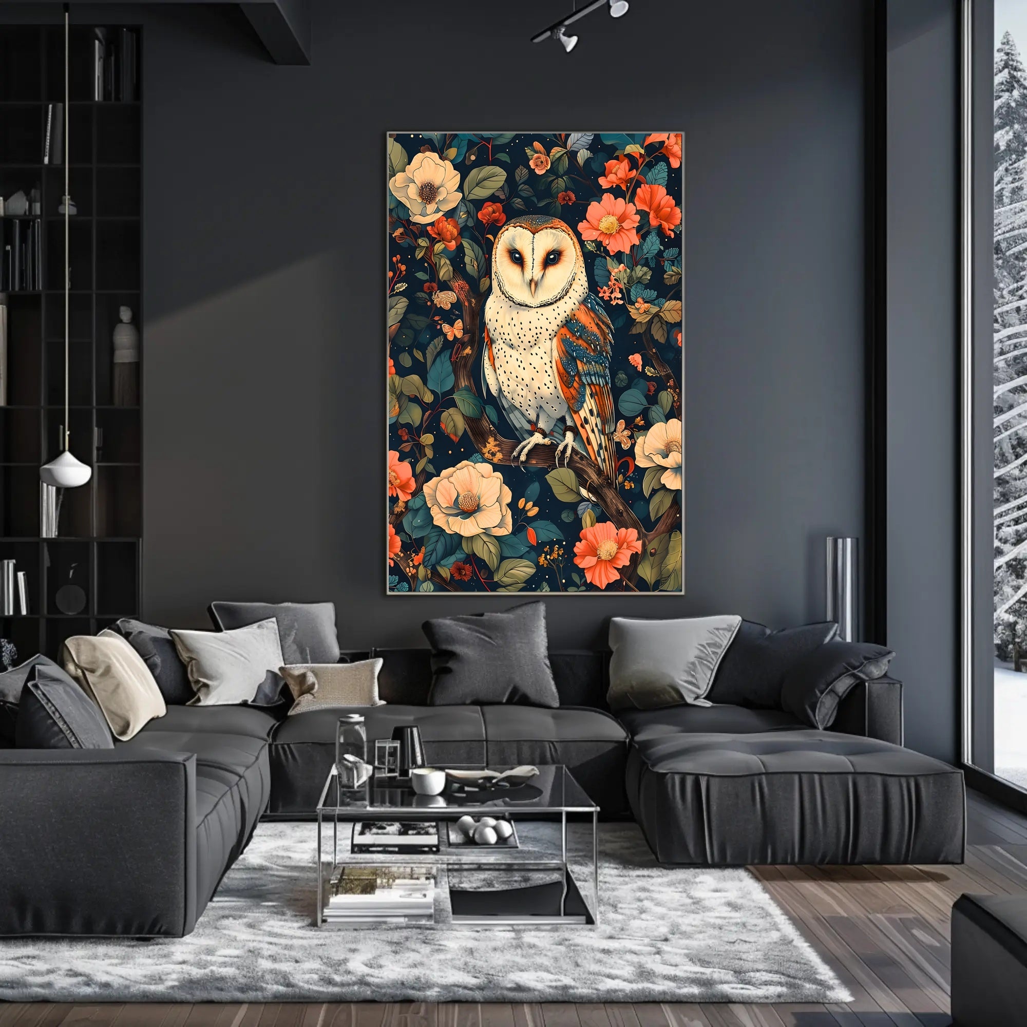 Barn Owl Amid Enchanted Flora: Artistic Animal Poster