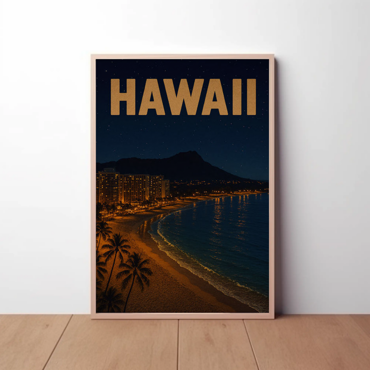 Hawaii Coastline At Night With Hotels Travel Poster