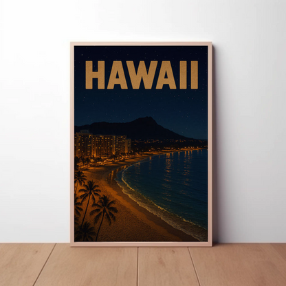Hawaii Coastline At Night With Hotels Travel Poster