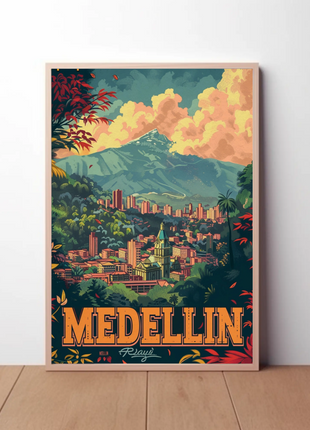 Medellin Colombia Skyline Mountains Sunset Forest View Travel Poster