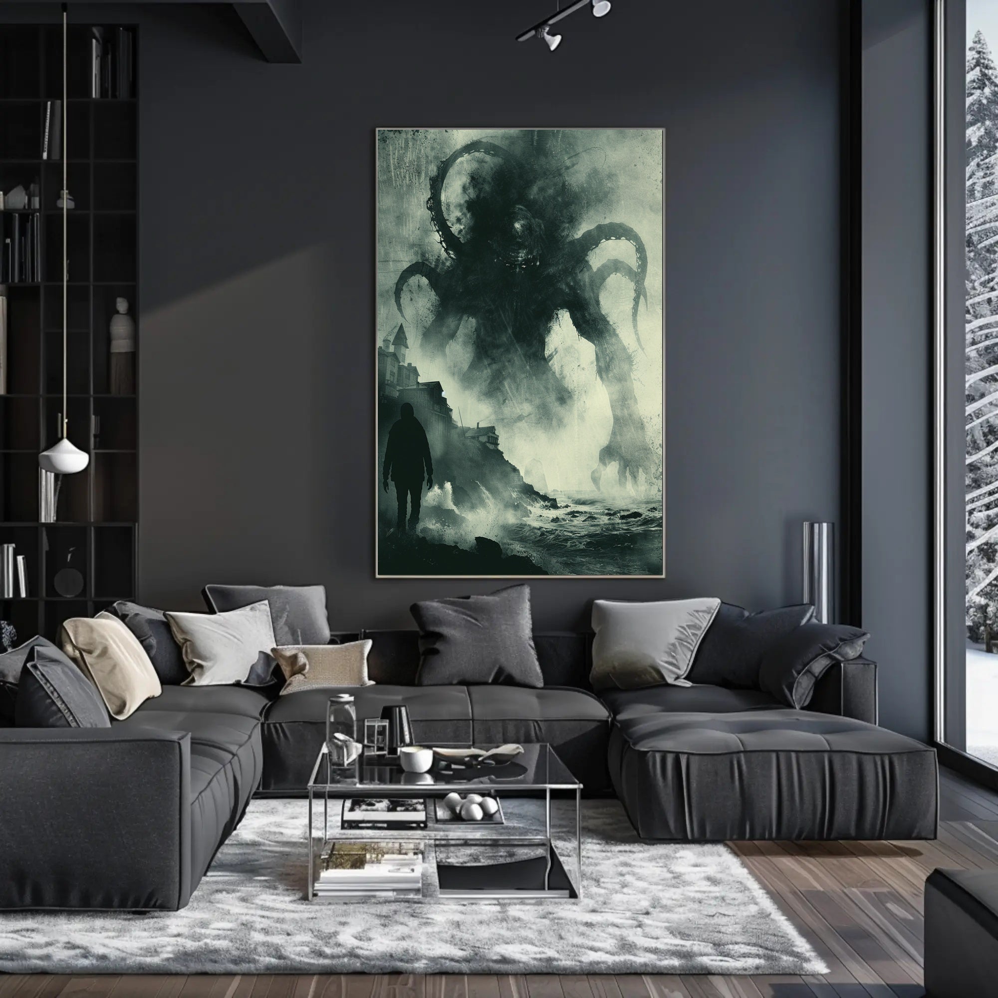 Dramatic Tentacled Monster in Stormy Coast Fantasy Poster PosterGoat