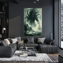 Dramatic Tentacled Monster in Stormy Coast Fantasy Poster PosterGoat