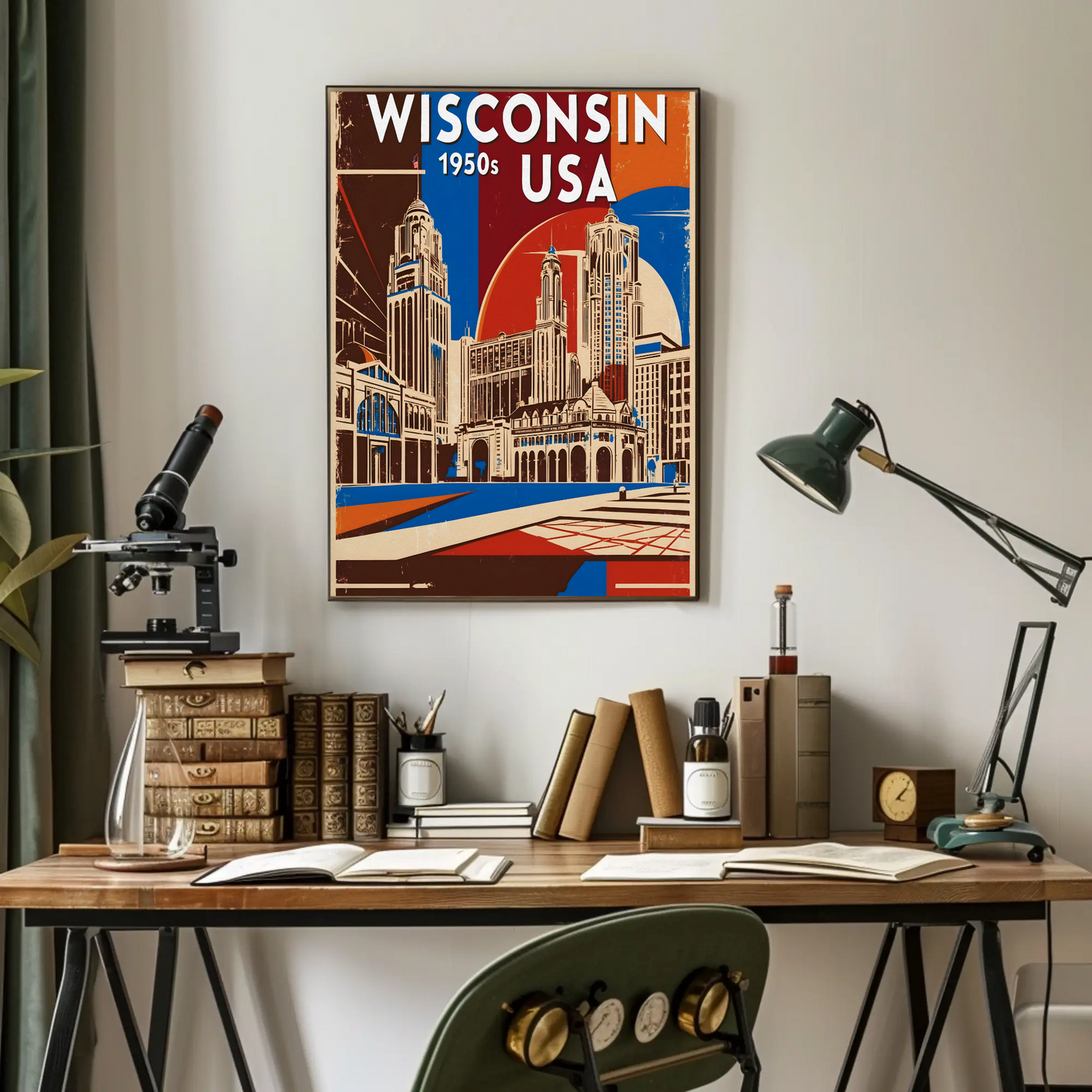 Wisconsin USA 1950s Urban Skyline Vintage Travel Poster