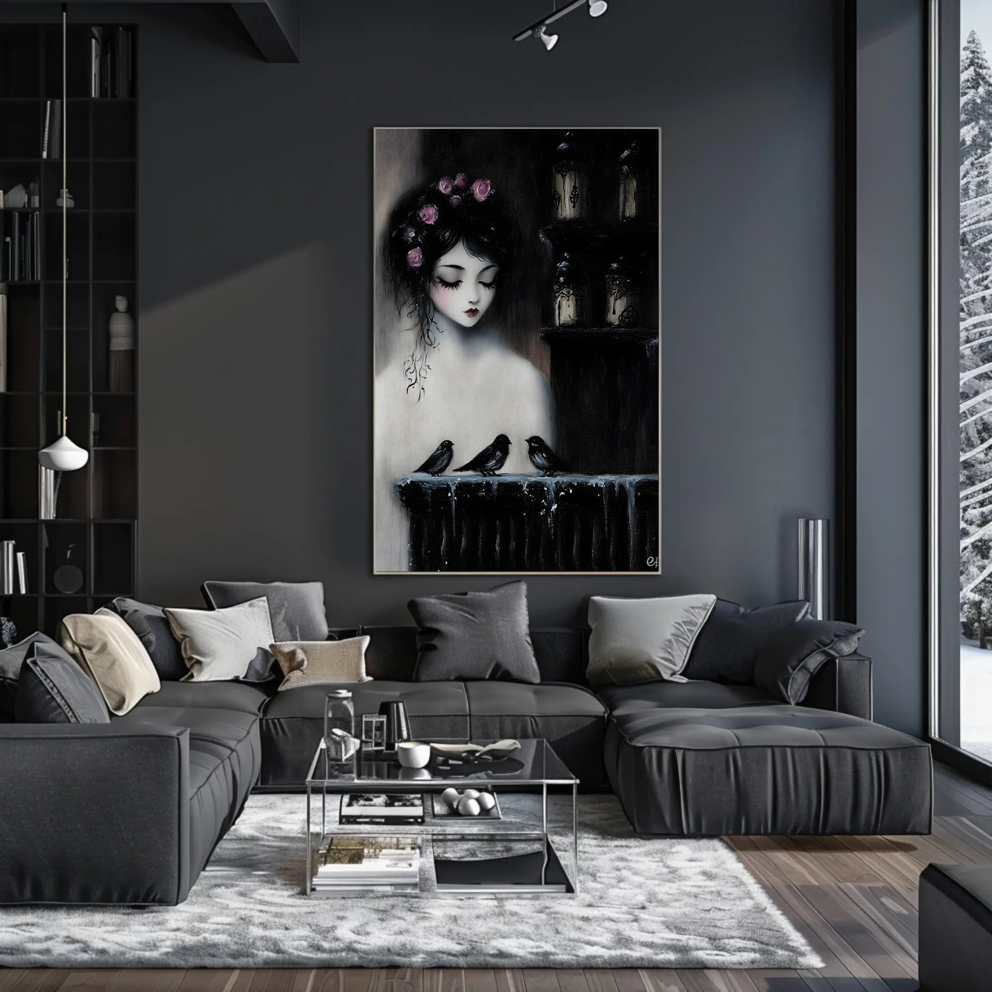 Ethereal Gothic Woman with Roses and Birds Poster PosterGoat