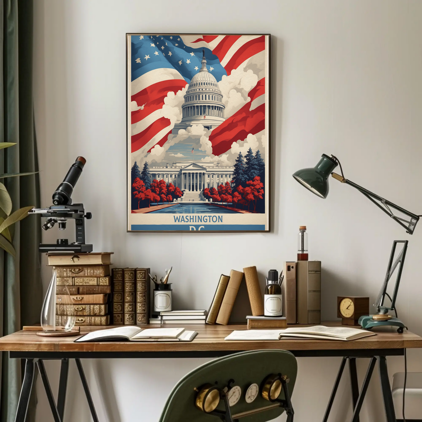 Washington D.C. Capitol American Flag Clouds Vintage Travel Poster