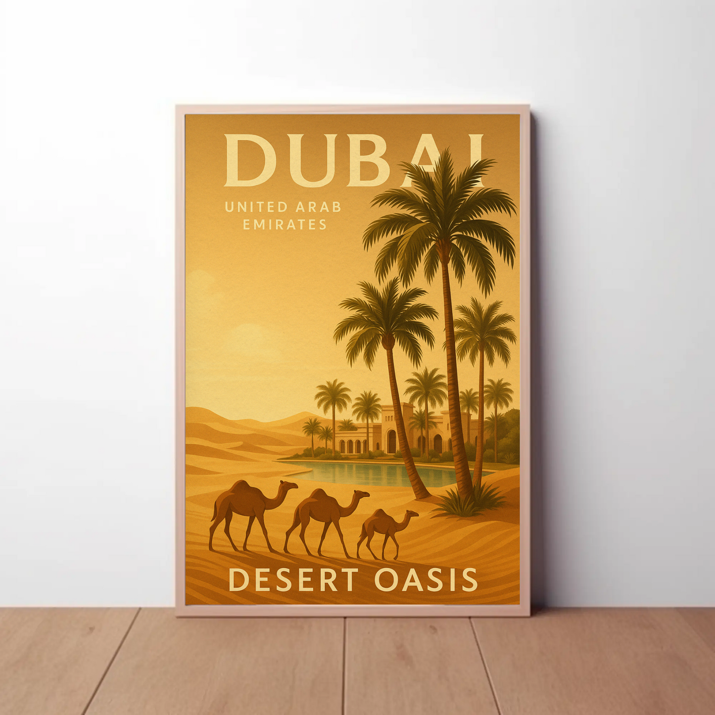 Dubai Desert Oasis Camels Palms Sunset Poster