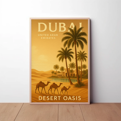 Dubai Desert Oasis Camels Palms Sunset Poster