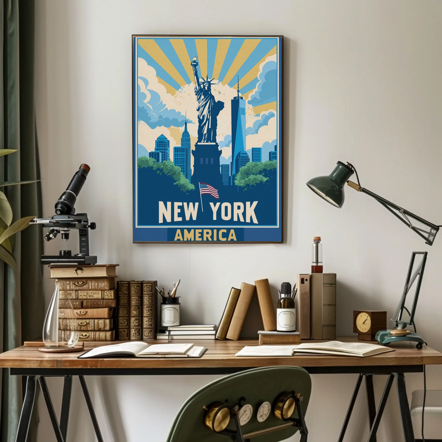 New York America Skyline Liberty Sunrise Vintage Travel Poster