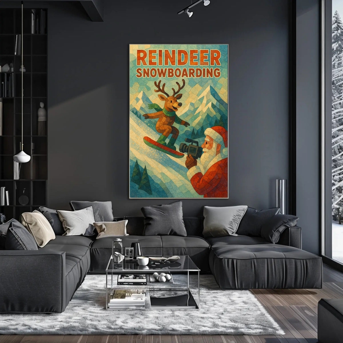 Reindeer Snowboarding Adventure Poster