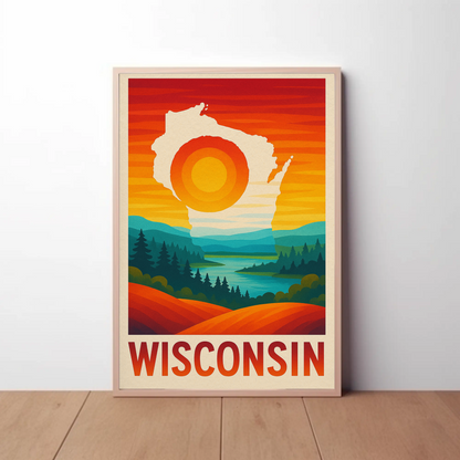Wisconsin Sunset Nature River Forest Outline Scenic Travel Poster