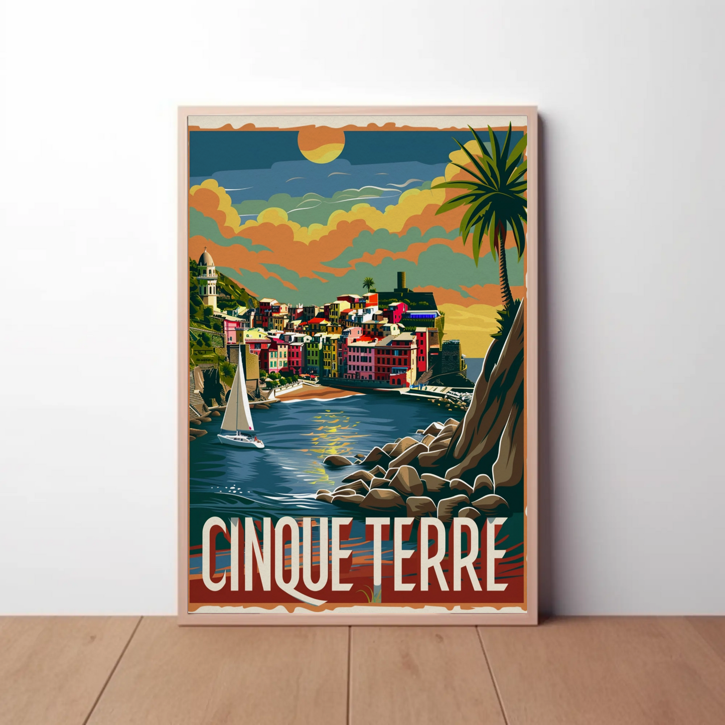 Cinque Terre Italy Sunset Seaside Travel Poster