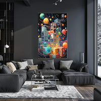 Futuristic Space Adventure Art Poster: Whimsical Sci-Fi Design