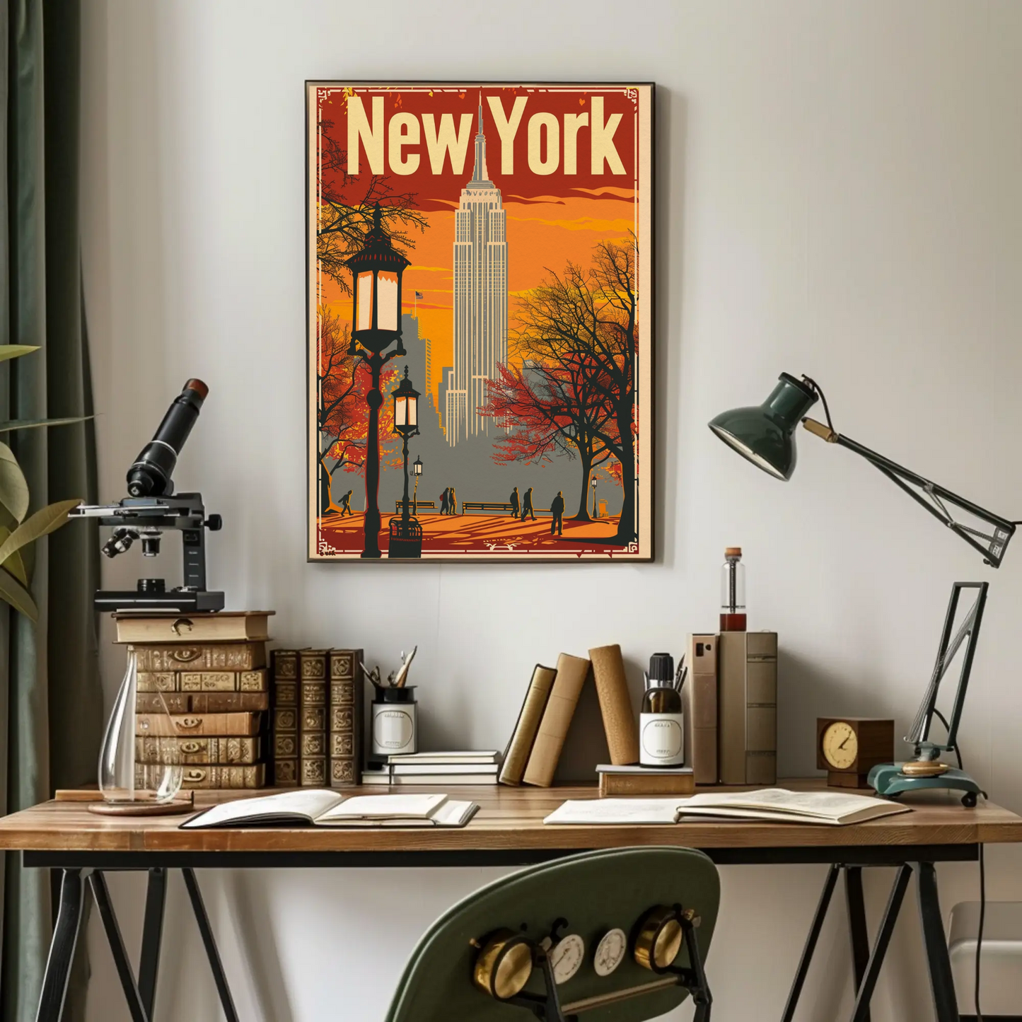 New York Orange Sky Autumn Cityscape Vintage Travel Poster