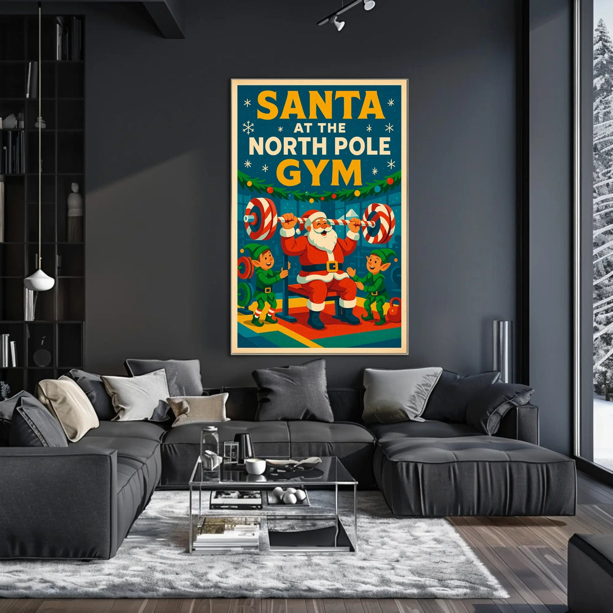 Santa Claus Lifting Weights Vintage Christmas Pop Culture Poster