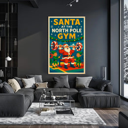 Santa Claus Lifting Weights Vintage Christmas Pop Culture Poster