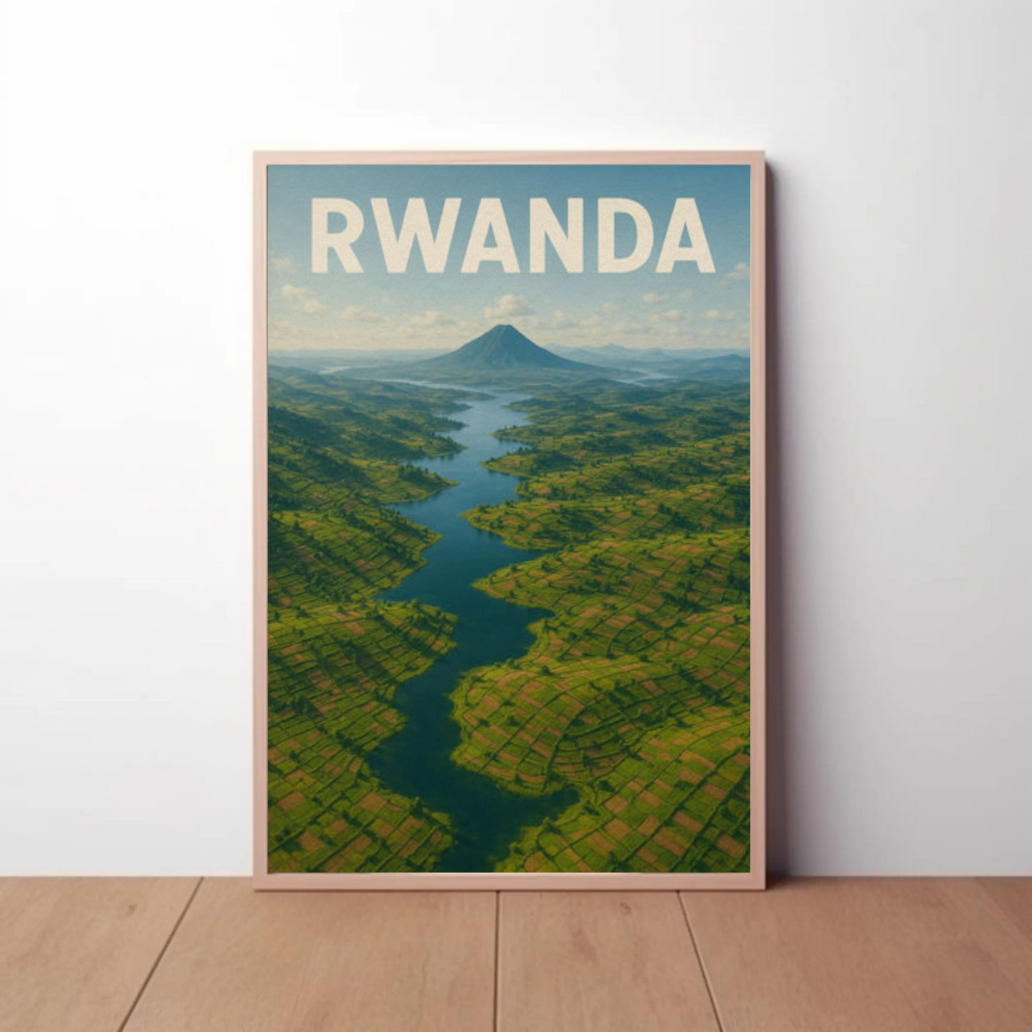 Rwanda Volcano Valley River Aerial Travel Poster