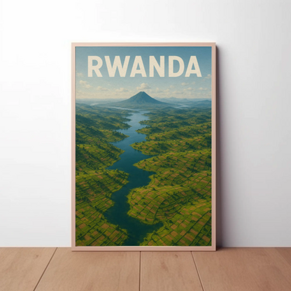 Rwanda Volcano Valley River Aerial Travel Poster