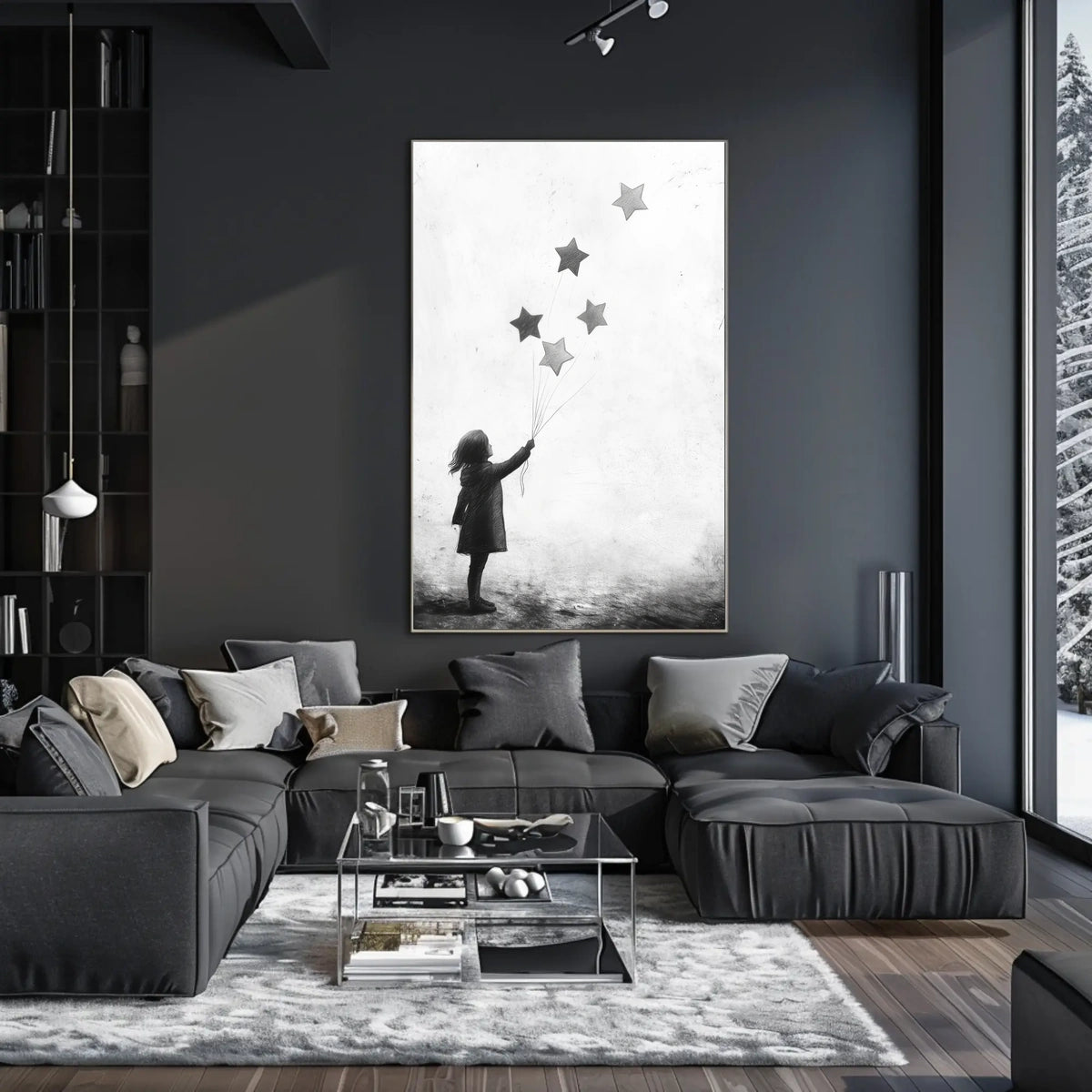 Child Releasing Star Balloons Silhouetted Artwork Poster