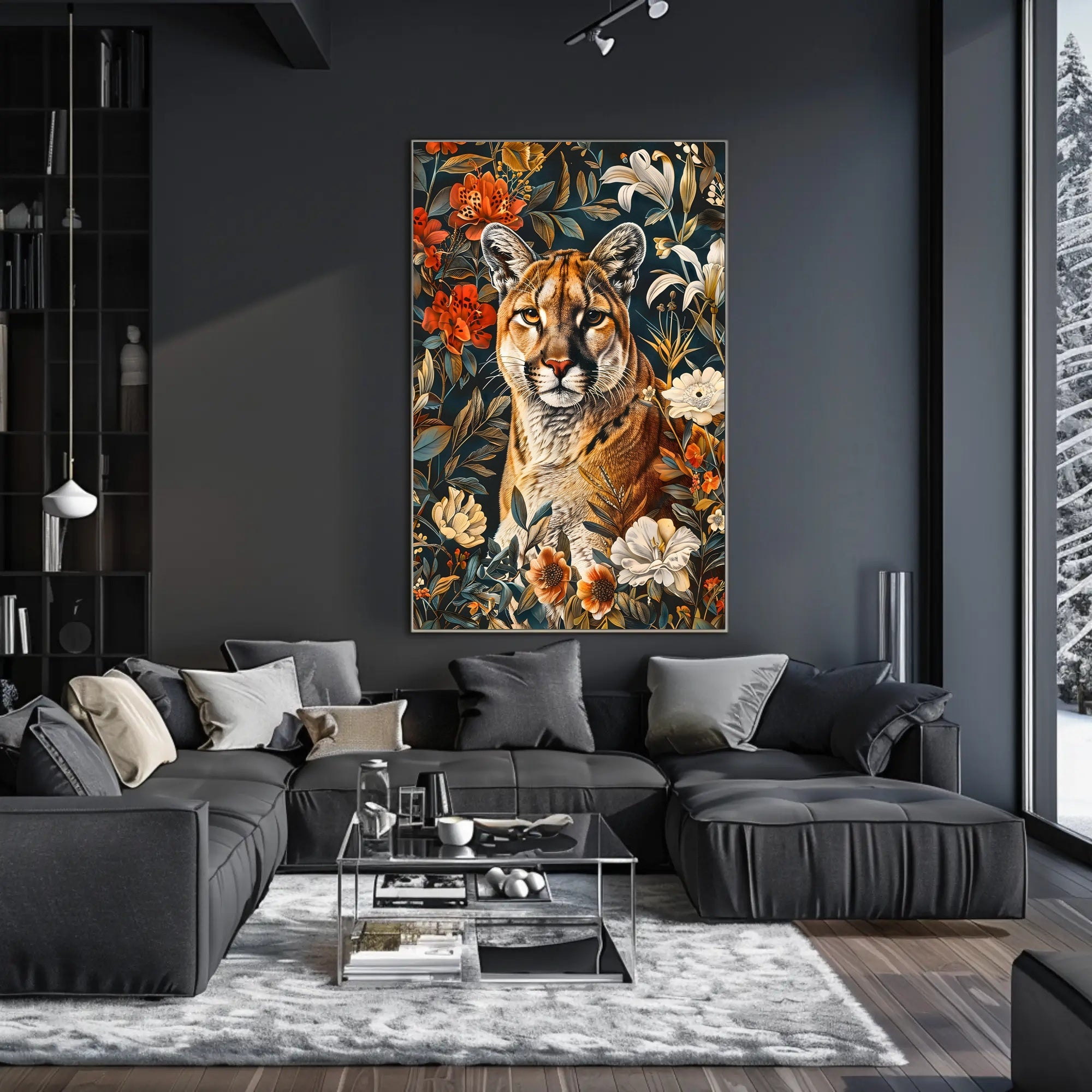Majestic Cougar Floral Wall Art Print