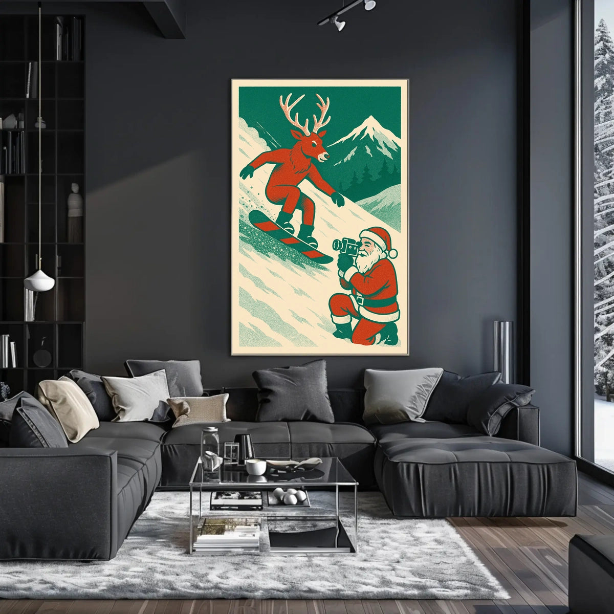 Whimsical Reindeer Snowboarding Vintage Holiday Poster
