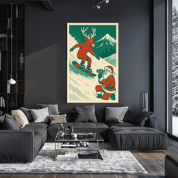 Whimsical Reindeer Snowboarding Vintage Holiday Poster