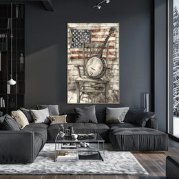 Vintage Banjo On Rustic Chair With American Flag Poster