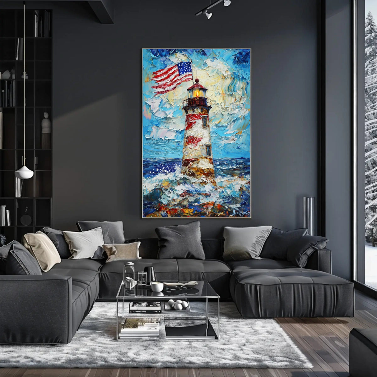Lighthouse By The Ocean With American Flags Poster