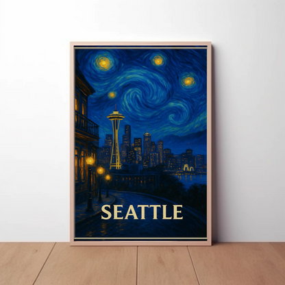 Seattle Space Needle Starry Night Skyline Glow Travel Poster