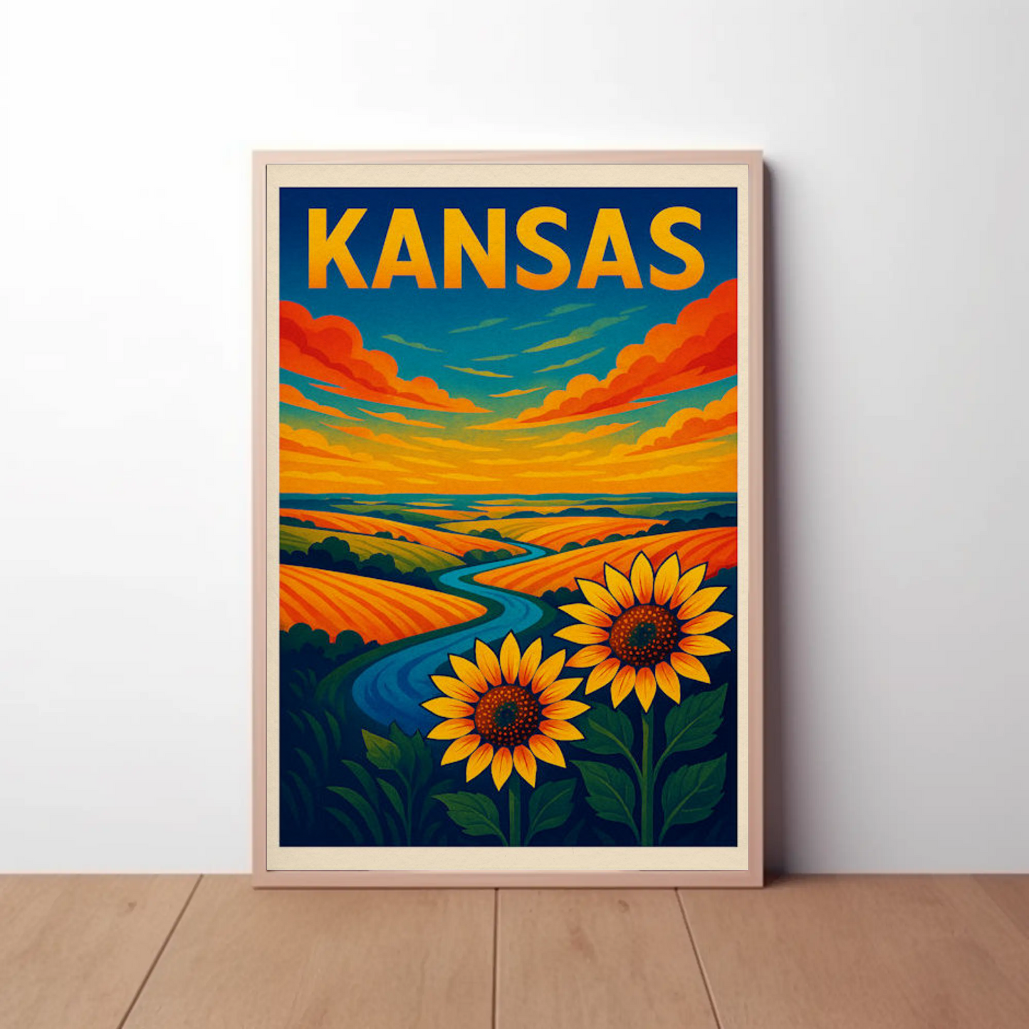 Kansas Sunflowers Prairie Horizon River Travel Poster