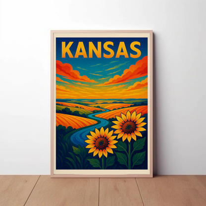 Kansas Sunflowers Prairie Horizon River Travel Poster