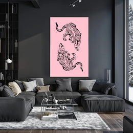 Stylized Black Ink Tigers on Pink Artistic Poster PosterGoat