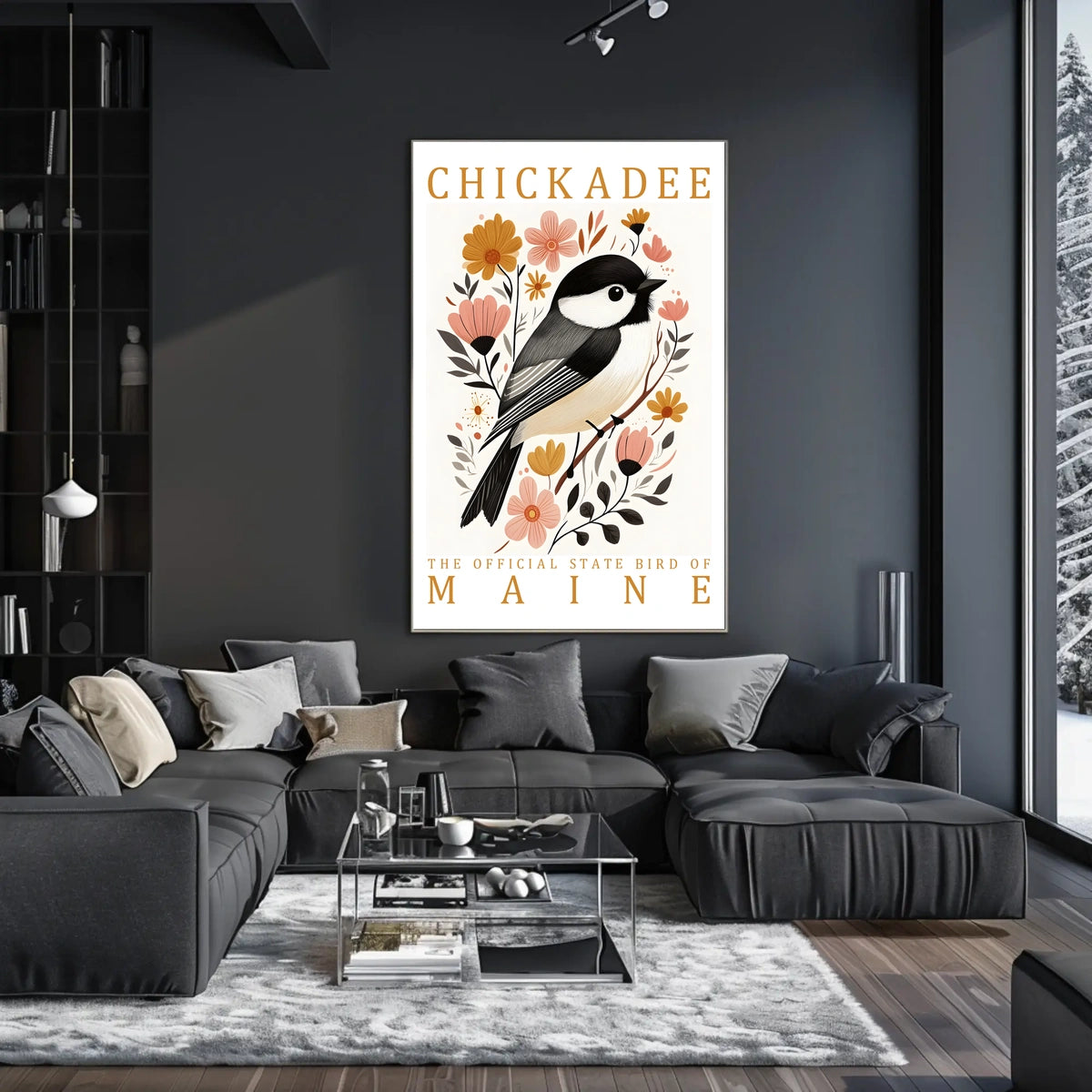 Chickadee Maine State Bird Botanical Art Poster