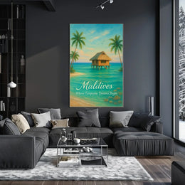 This poster vividly captures a serene tropical paradise, likely set in the Maldives, Travel Poster