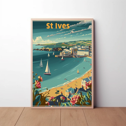 St Ives Cornwall Coastline Sailboats Flowers Travel Poster