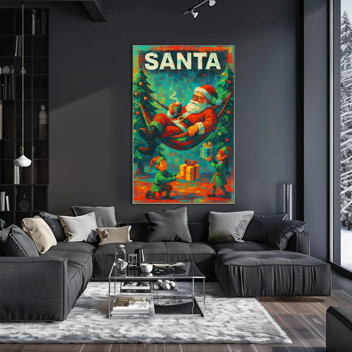 The poster features a festive Christmas theme with a playful depiction of Santa Travel Poster