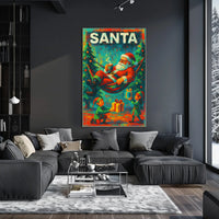 The poster features a festive Christmas theme with a playful depiction of Santa Travel Poster