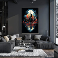 Futuristic Cityscape Moonlit Skyline Art Poster