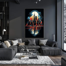 Futuristic Cityscape Moonlit Skyline Art Poster