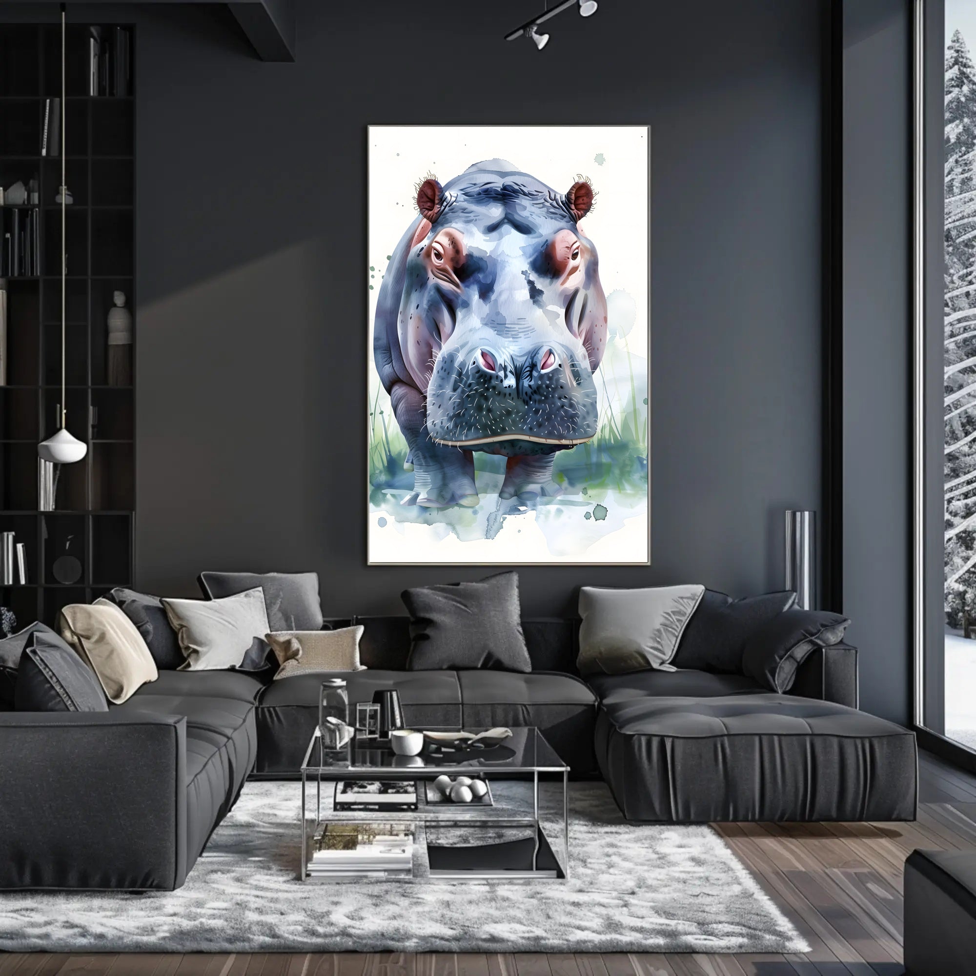 Hippo Watercolor Portrait Poster Wall Art Print