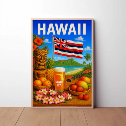 Hawaii Flag Fruits Tiki Beer Music Travel Poster
