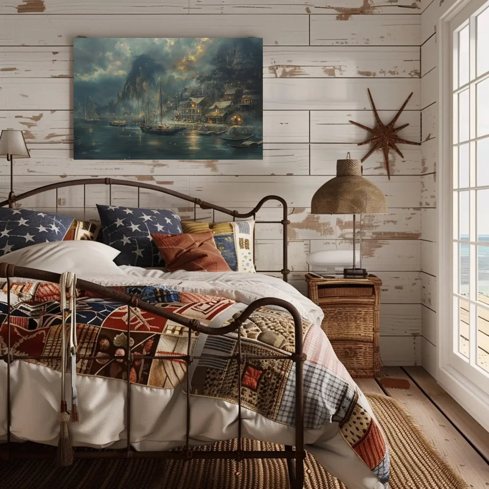 Harbor Scene: Nostalgic Maritime Fantasy Art Poster