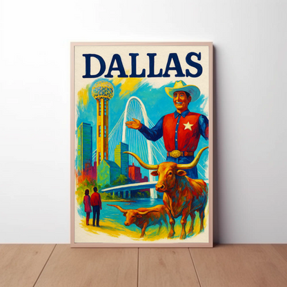 Dallas Texas Bridge Longhorn Cowboy Travel Poster