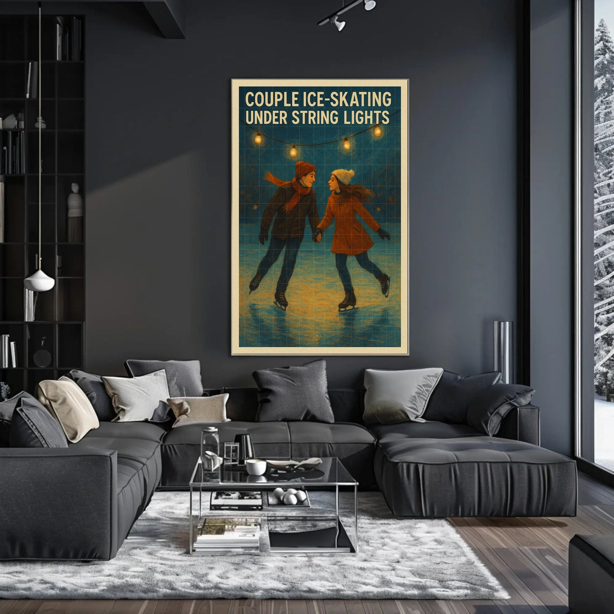 Couple Ice-Skating Under String Lights Poster