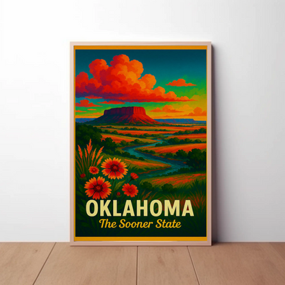 Oklahoma Sooner State Wildflowers Sunset Prairie Travel Poster