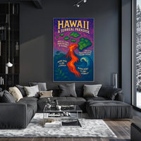 The poster features a vibrant and surreal depiction of Hawaii. The core subject Travel Poster