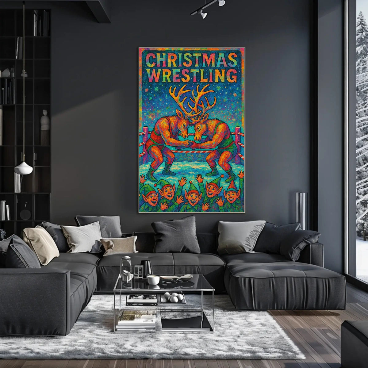 Reindeer Wrestling Festive Poster: Whimsical Holiday Art